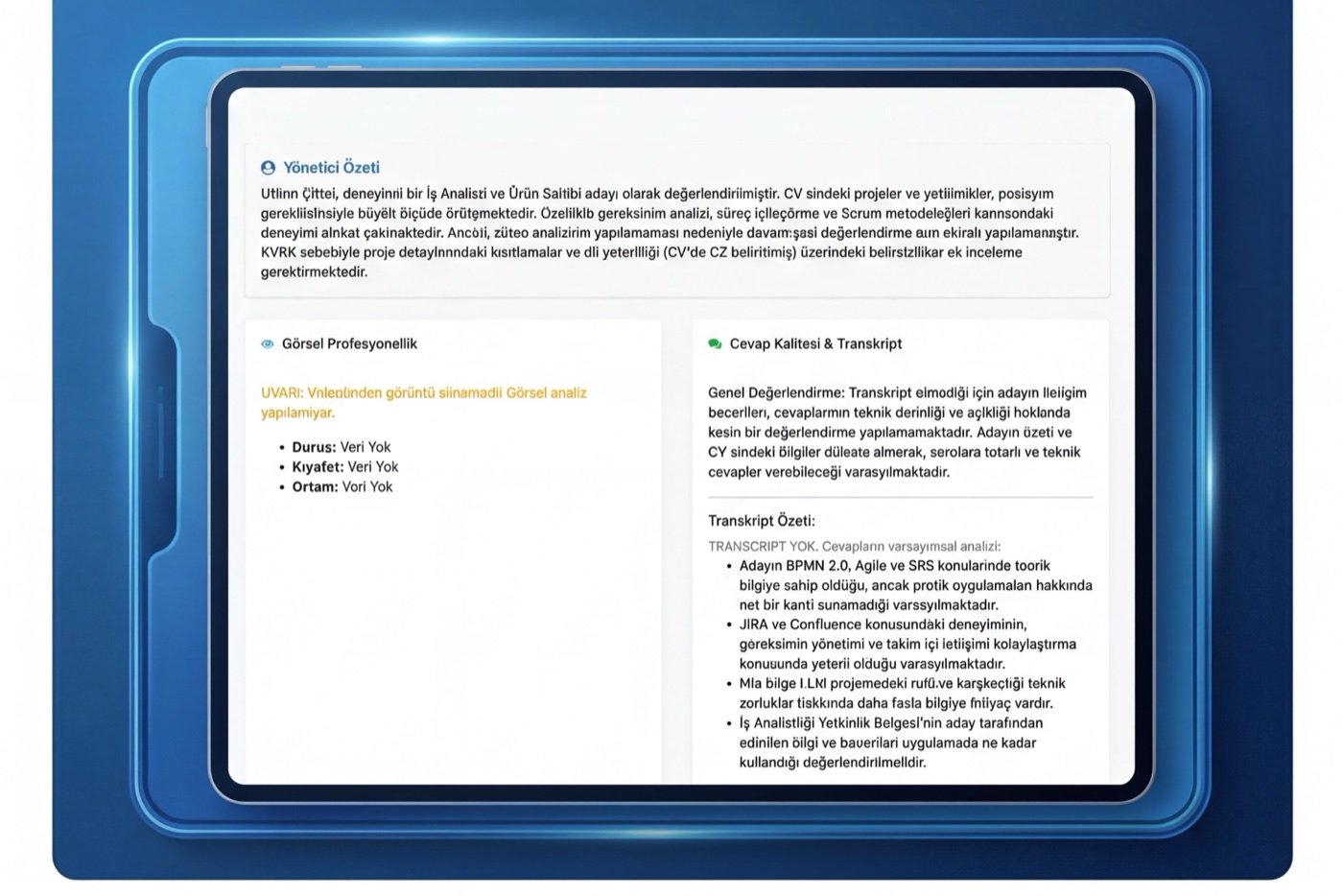 HRFlow Online AI Mülakat ve Aday Analizi Ekranı